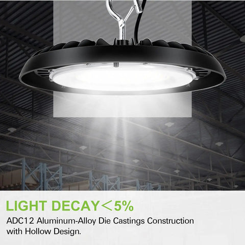 200W UFO LED High Bay Light With 26,000 Lm Output And 5000K Daylight, Wet Location IP65 Warehouse Fixture showing bright illumination