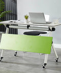 Heavy Duty Folding Computer Desk With Flip Top Layout And Four Sleek Rolling Casters showcasing green flip top and sleek design.