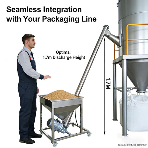 Rock Solid Automatic Screw Conveyor Feeder Machine With Food Grade Stainless Steel Auger and 1.7m discharge height for bulk material transfer.