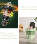 Ridiculously Compact Ten Liter Foldable Mini Washing Machine Featuring Three Auto Wash Cycles Ultrasonic Deep Cleaning And Blue Light Sterilization with 36W motor.
