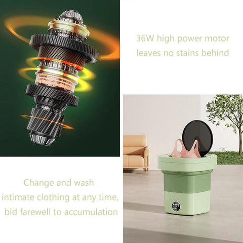 Ridiculously Compact Ten Liter Foldable Mini Washing Machine Featuring Three Auto Wash Cycles Ultrasonic Deep Cleaning And Blue Light Sterilization with 36W motor.