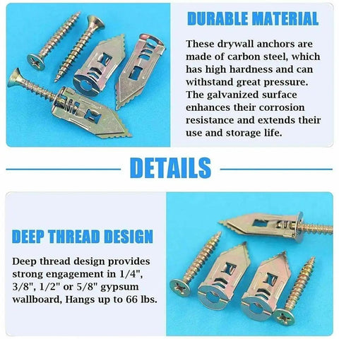 Heavy Duty 100 Piece Self Drilling Drywall Anchors And Screws Hollow Wall Expansion Kit With Deep Thread Design For Secure Mounts In Drywall Concrete Plasterboard And More. carbon steel anchors and screws set on blue background