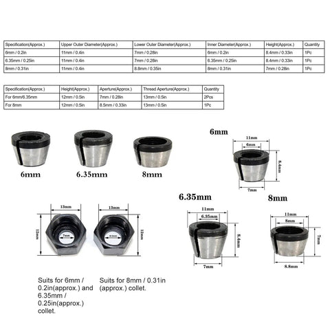 Router Collet Replacement Kit Carbon Steel 6mm 6.35mm 8mm With Nut For Trimmer Engraving Machine product dimensions