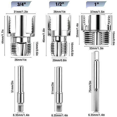 All in One Pipe Threader Kit for One Half, Three Quarters, and One Inch Pipes Internal and External Threading Tool showing thread sizes