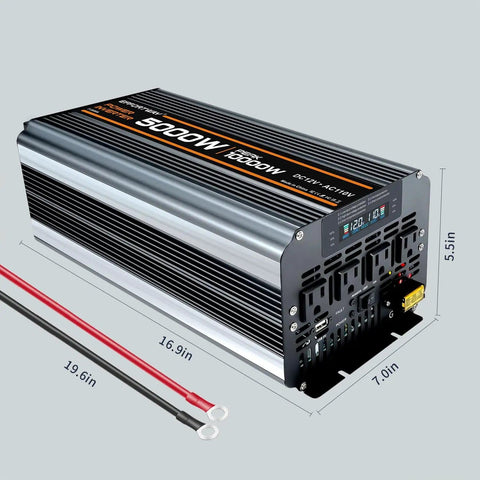 Heavy-Duty 5000W DC 12V To 110V Inverter For Off-Grid Camping And RV Use, 10000W Peak, LCD Display, power cables, dimensions shown
