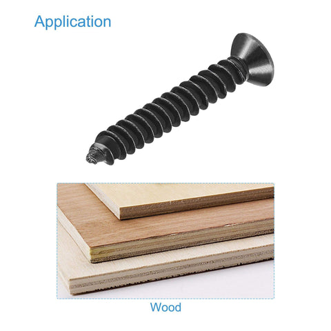 M3 x 20mm Wood Screws Phillips Flat Head Carbon Steel Self Tapping Black Oxide 200 Pcs shown with wood application