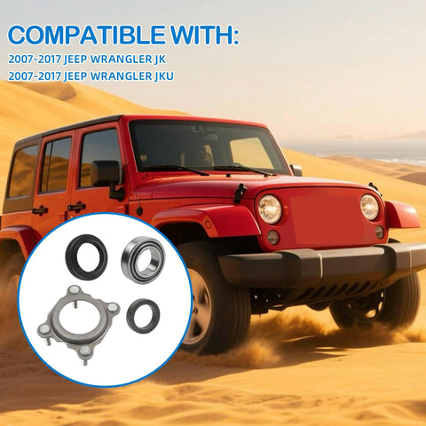 Image of a rear axle bearing and seal kit for 2007 to 2017 Jeep Wrangler JK and JKU with axle shaft seal retainer components.