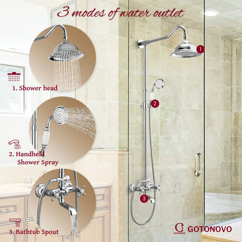Exposed Shower System Set In Polished Chrome With 8 Inch Rain Shower Head, 2 Knob Handles, 3 Function Diverter, Tub Spout