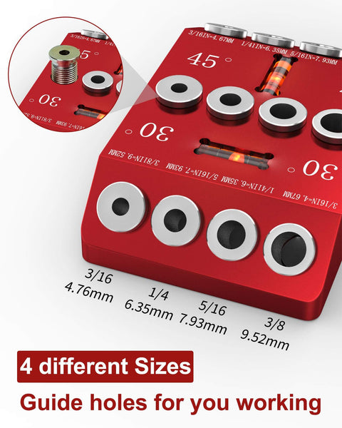 Close-up of 30-45-90 Degree Angle Drill Guide Jig for Hand Drill showing guide holes with size labels in millimeters.