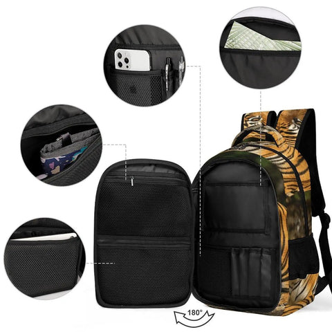 Dope Striped Forest Tiger Print Unisex Backpack With Huge Capacity, Durable Polyester, open to show interior pockets