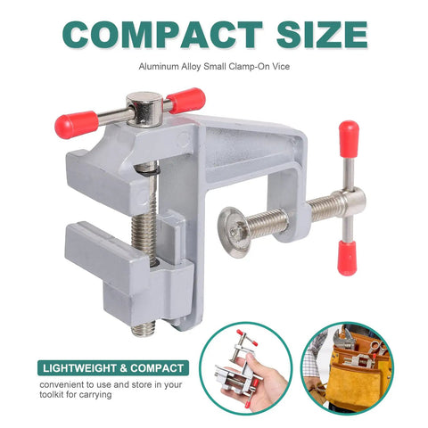 Portable Mini Bench Vice With Adjustable Table Clamp Vise For Precision Fixes, compact aluminum clamp with red handles.