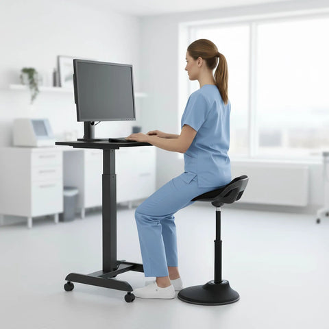 Woman using Comfy Ergonomic Sit Stand Stool For Standing Desk With Height Adjustment And 360 Degree Tilt Active Sitting Leaning Chair in a white office