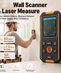 Beam Detector Rangefinder, Stud Finder Wall Scanner Stud Detector with Smart Sensors & Voice Broadcast, Measuring Accuracy ±1.5 Mm & 50 Data Storage, for Metal, Wood, Joists, AC Cord in use to measure distance.