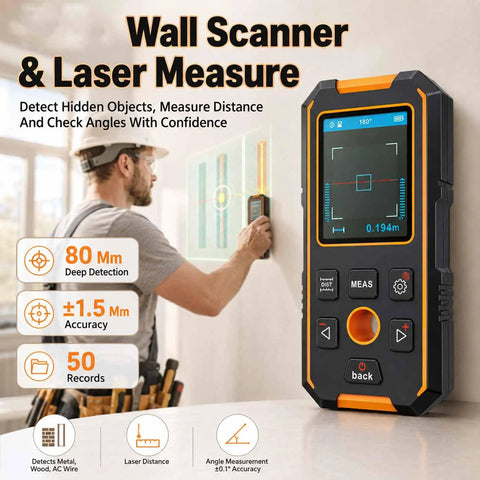 Beam Detector Rangefinder, Stud Finder Wall Scanner Stud Detector with Smart Sensors & Voice Broadcast, Measuring Accuracy ±1.5 Mm & 50 Data Storage, for Metal, Wood, Joists, AC Cord in use to measure distance.