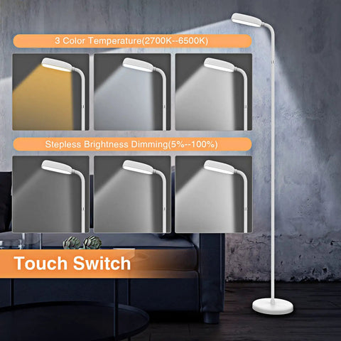 Cordless Floor Lamp With 5000mAh Rechargeable Battery, Adapter Included, Portable Gooseneck Light for Bedroom Reading and Camping displayed with color temperature settings and touch switch.