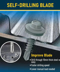 Close-up of 300 Heavy Duty Roofing Screws One Inch Galvanized Hex Head with self-drilling blade on metal sheeting.