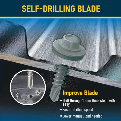 Close-up of 300 Heavy Duty Roofing Screws One Inch Galvanized Hex Head with self-drilling blade on metal sheeting.
