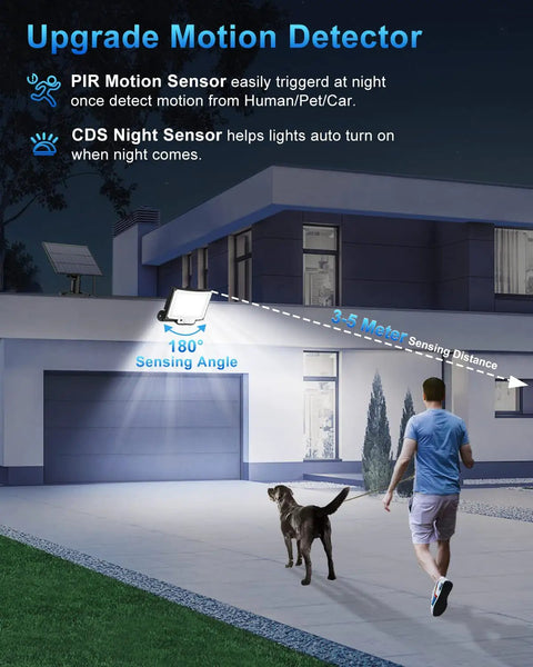 2 Pack Outdoor Solar Motion Lights With Remote illuminating driveway and garage, demonstrating motion sensor and range, night scene.