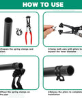 Instructions for using the 90 Piece Spring Hose Clamp Kit 6-16mm With Constant Tension, visually showing 4 steps with tools.