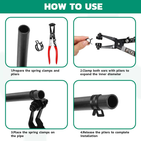 Instructions for using the 90 Piece Spring Hose Clamp Kit 6-16mm With Constant Tension, visually showing 4 steps with tools.