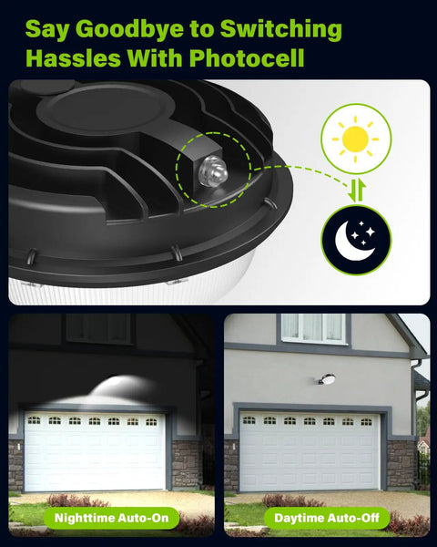 Go To 150W LED Barn Light Dusk To Dawn Outdoor Flood Light With Photocell showing auto on-off feature over garage