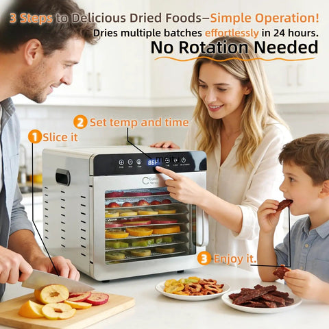 Pro Built 1000W Food Dehydrator With 8 Durable Stainless Steel Trays Plus Quick Setup Timer for effortless drying of fruit and jerky.
