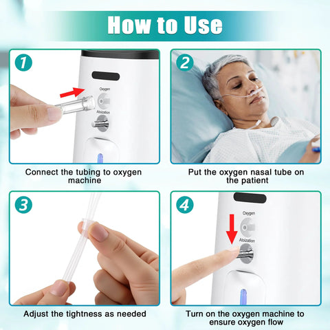 Anglechic 10-pack adult nasal cannula with transparent tubing; four-step oxygen setup diagram.