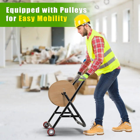 Person using All Steel Cable Caddy With Wheels Foldable Wire Spool Rack Holder Portable Reel Caddy 100 Pound Capacity in workshop