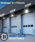 Switchable 60W 100W 120W Outdoor LED Wall Pack with Dusk to Dawn Sensor on warehouse exterior wall, illuminated at night
