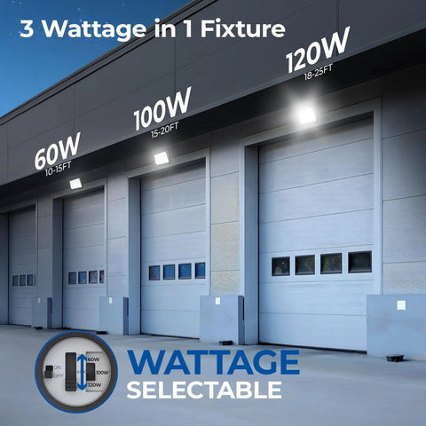 Switchable 60W 100W 120W Outdoor LED Wall Pack with Dusk to Dawn Sensor on warehouse exterior wall, illuminated at night