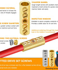 Top Shelf 12 To 10 Awg Screw Style Wire Butt Connectors And Mechanical Splice Kit showing thickened material, large screw diameters, and chamfer barrel.