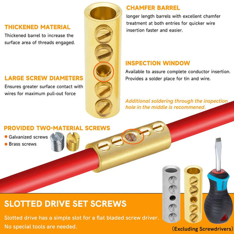 Top Shelf 12 To 10 Awg Screw Style Wire Butt Connectors And Mechanical Splice Kit showing thickened material, large screw diameters, and chamfer barrel.