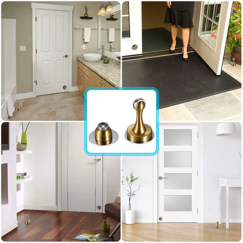 Sturdy Magnetic Door Stopper With Gold Finish installed on walls and floors in home and office settings, includes adhesive tape and screws.