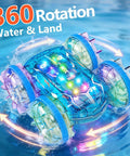 Amphibious Remote Control Monster Truck For Kids, 2.4GHz RC Car With LED Lights, 4WD All Terrain Stunt Vehicle spinning on water
