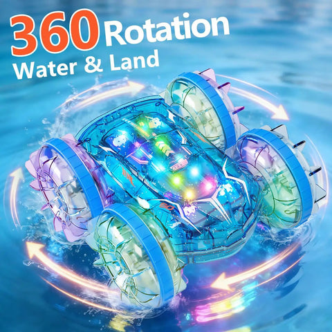 Amphibious Remote Control Monster Truck For Kids, 2.4GHz RC Car With LED Lights, 4WD All Terrain Stunt Vehicle spinning on water
