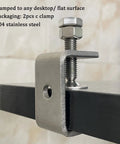 Two-piece 304 stainless steel G-clamp set with wide jaws clamping to a black metal beam