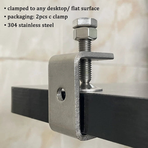 Two-piece 304 stainless steel G-clamp set with wide jaws clamping to a black metal beam