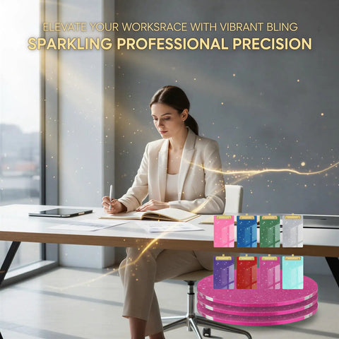 8 Piece Glitter Mini Clipboard Set With Gold Low Profile Clips, Slim Acrylic Clipboards In Assorted Colors, Pocket Memo Organizer For Nurses, Office And Everyday Work Tasks displayed on a desk