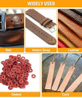 Various leather items including belts, watch straps, leather sheets, gaskets, and cards, showcasing uses for the 12 Piece Hollow Hole Punch Set For Leathercraft And DIY Projects With Knurled Grip Steel Punches One Eighth To Three Quarters Inch For Belts Watch Straps Bags Gaskets Rubber And More.