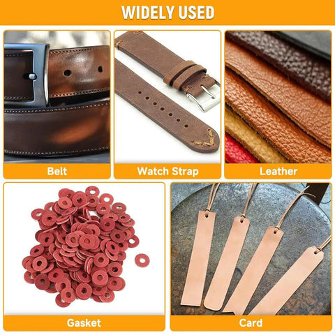 Various leather items including belts, watch straps, leather sheets, gaskets, and cards, showcasing uses for the 12 Piece Hollow Hole Punch Set For Leathercraft And DIY Projects With Knurled Grip Steel Punches One Eighth To Three Quarters Inch For Belts Watch Straps Bags Gaskets Rubber And More.