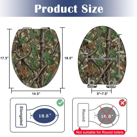 Elongated Resin Toilet Seat for Bathroom dimensions displaying 18.5 inches length, camo design, adjustable hinges.