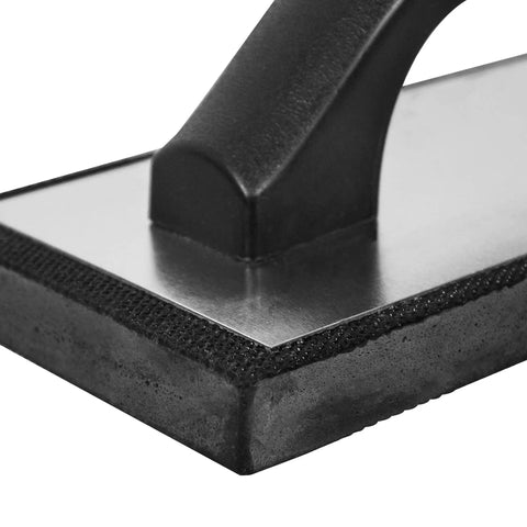 Close-up of Molded Rubber Grout Float With Non Stick Gum Rubber Pad 4 In By 9.5 In Aluminum Back Plate showing contoured handle.