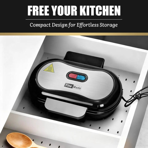 FineMade Double Mini Grill Maker stored in a kitchen drawer, showcasing its compact design for easy organization.