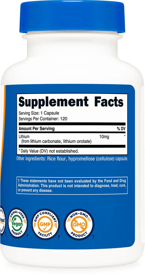 Back view of Lithium Orotate 10Mg Capsules bottle, 120 capsules, vegan, GMO free, showing supplement facts.