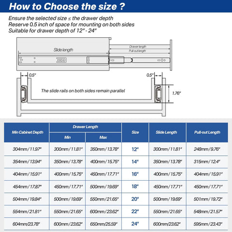 Installation guide for 6 Pairs 22 Inch Soft Close Drawer Slides Ball Bearing Cabinet Rails dimensions and sizing options.