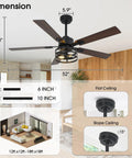 52 Inch Premium Farmhouse Ceiling Fan With Warm Ambient Glow Reversible Dual Finish Blades view showing dimensions and installation options.