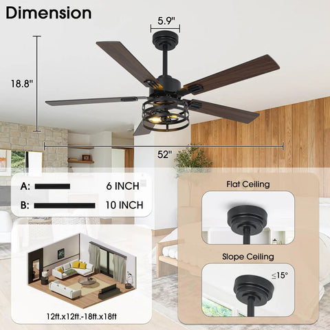 52 Inch Premium Farmhouse Ceiling Fan With Warm Ambient Glow Reversible Dual Finish Blades view showing dimensions and installation options.