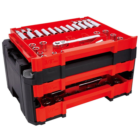 230 Piece Hand Tool And Socket Set With 3 Drawer Tool Box for Auto Repair and Home Projects, top view of socket arrangement