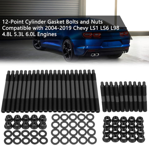 Built Tough Cylinder Head Stud Bolt Kit Featuring 12 Point Design For Chevy Ls1 Ls3 Ls6 4.8l 5.3l 5.7l 6.0l Engines bolts and nuts set on display.