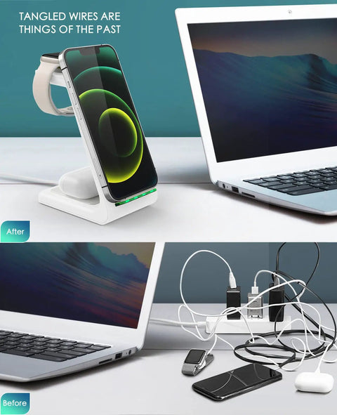 All In One Wireless Charging Station With Upgraded 2026 Fast Desk Charger for iPhone, Apple Watch, and AirPods next to laptop